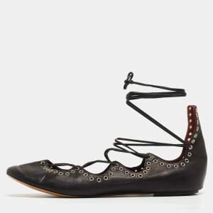 Isabel Marant Black Leather Leo Eyelet Ankle Wrap Ballet Flats Size 41