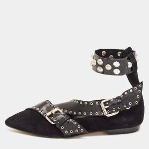 Pre Owned Isabel Marant Black Leather and Suede Eyelet Ankle Cuff Ballet Flats Size 40