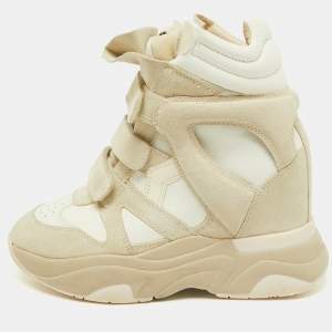 Pre Owned Isabel Marant Beige/Off White Leather and Suede High Top Wedge Sneakers Size 37