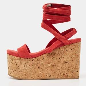 Isabel Marant Red Suede Wedge Ankle Strap Sandals Size 37
