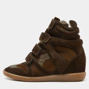 Pre Owned Isabel Marant Green/Brown Suede and Leather Wadge Sneakers Size 41
