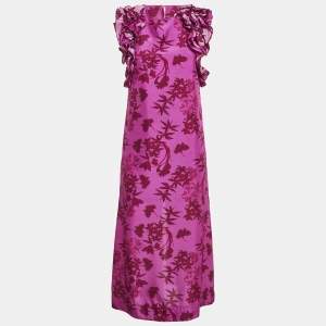 Isla & White Pink Floral Print Silk Ruffle-Sleeve Miray Dress XS