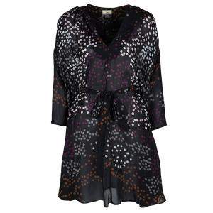 Issa Black Leaf Printed Silk Oversized Belted Hooded Tunic M