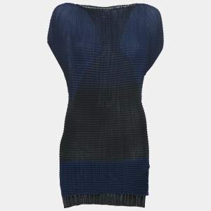 Issey Miyake Black/Blue Plisse Cap Sleeve Top S