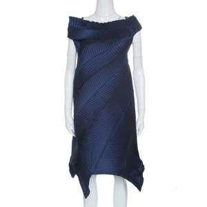 Issey Miyake Navy Blue Pleated Boat Neck Asymmetric Dress S