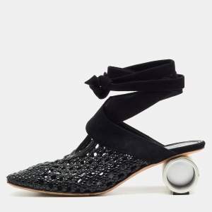 Pre Owned J.W.Anderson Black Woven Patent Leather and Suede Cylinder Heel Ankle Tie Mules Size 37