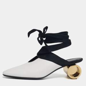 J.W. Anderson White/Black Suede And Leather Tie Cylindrical Heel Mules Size 41 