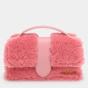 Pre Owned Jacquemus Le Bambino Pink Leather and Shearling Fur Top Handle Bag