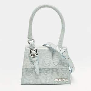 مملوكة مسبقًا Jacquemus Le Chiquito Moyen Boucle Light Blue Lizard Embossed Leather Top Handle Bag