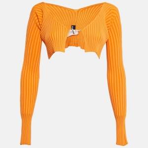 Jacquemus Orange Rib Knit Full Sleeve Badge Detail Crop Cardigan M