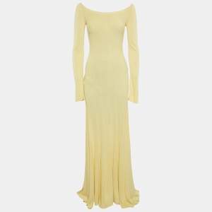 Jacquemus Yellow Stretch Knit Pleated Valensole Off-Shoulder Maxi Dress S
