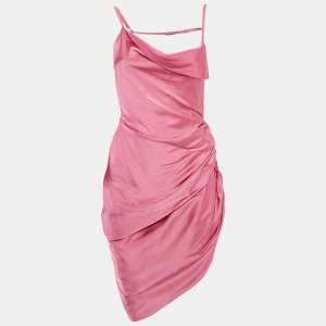 Jacquemus Pink Satin Ruche Asymmetric La Robe Saudade Short Dress M