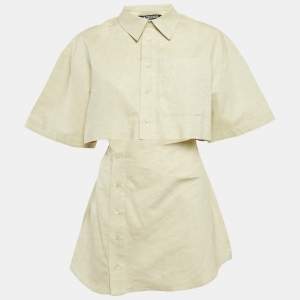Jacquemus Light Green Cotton and Linen Button Front Cut-Out Mini Dress L
