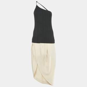 Pre Owned Jacquemus Black/Beige Rib Knit and Cotton Asymmetric Midi Dress M