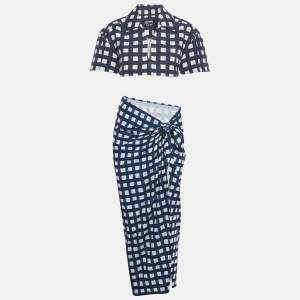 Pre Owned Jacquemus Navy Blue/White Checkered Silk Blend & Jersey Crop Top & Skirt Set S