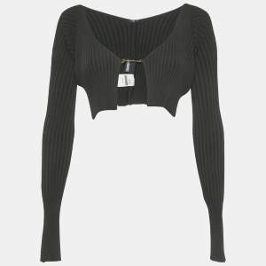 Pre Owned Jacquemus Black Rib Knit Logo Detail Crop Cardigan L