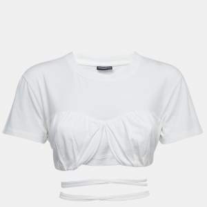 Jacquemus White Cotton Tie Detail Short Sleeve Crop Top M