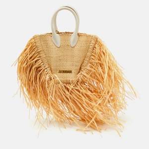 Jacquemus White/Natural Leather and Raffia Let Petite Baci Tote