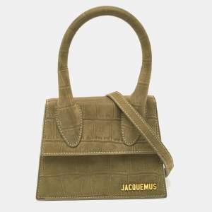 Jacquemus Green Croc Embossed Nubuck Leather Le Chiquito Moyen Top Handle Bag
