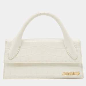 Jacquemus White Croc Embossed Leather Long Le Chiquito Top Handle Bag