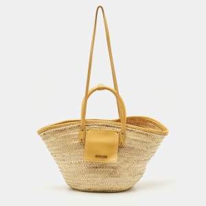 Jacquemus Beige/Yellow Straw and Leather Le Panier Soleil Basket Tote