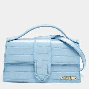 Jacquemus Light Blue Croc Embossed Leather Le Grand Bambino Top Handle Bag