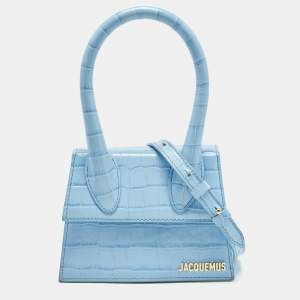 Jacquemus Light Blue Croc Embossed Le Chiquito Moyen Top Handle Bag