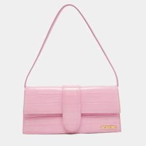 Pre Owned Jacquemus Pink Croc Embossed Leather Le Bambino Long Shoulder Bag