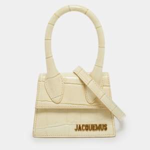 Pre Owned Jacquemus Cream Croc Embossed Leather Mini Le Chiquito Bag