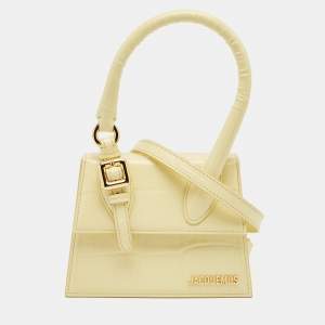 Pre Owned Jacquemus Yellow Croc Embossed Patent Leather Le Chiquito Moyen Boucle Top Handle Bag