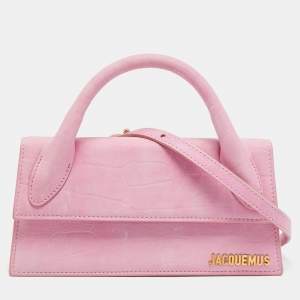 مملوكة مسبقًا Jacquemus Le Chiquito Long Pink Croc Embossed Nubuck Leather Top Handle Bag