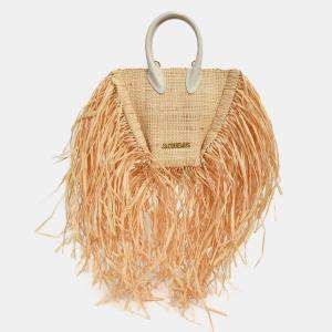 Pre Owned Jacquemus Raffia Le Petit Baci Fringe Top Handle Bag with Strap