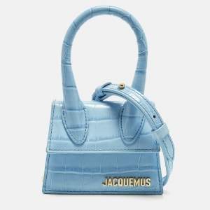 Pre Owned Jacquemus Le Chiquito Mini Light Blue Croc Embossed Leather Top Handle Bag