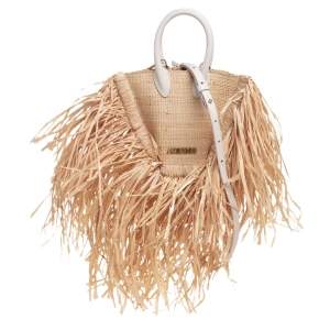 Jacquemus Cream/White Woven Raffia and Leather Let Petite Baci Shoulder Bag