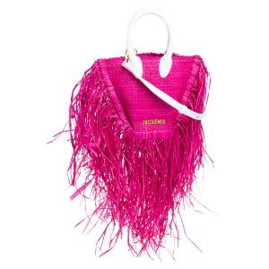 Jacquemus Fuchsia Woven Raffia and Leather Let Petite Baci Shoulder Bag
