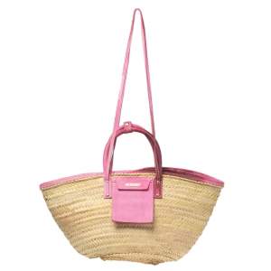 Jacquemus Pink/Cream Raffia and Nubuck Leather Le Panier Soleil Basket Bag 