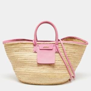 Jacquemus Pink/Cream Raffia and Nubuck Leather Le Panier Soleil Basket Tote
