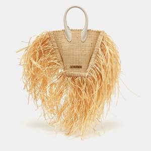 Jacquemus Cream/White Woven Raffia and Leather Let Petite Baci Shoulder Bag