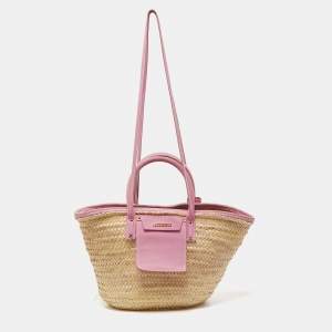 Jacquemus Pink/Cream Raffia and Nubuck Leather Le Panier Soleil Basket Bag 