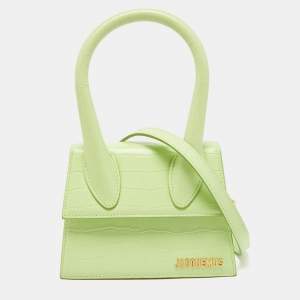 Jacquemus Light Green Croc Embossed Leather Le Chiquito Noeud Top Handle Bag