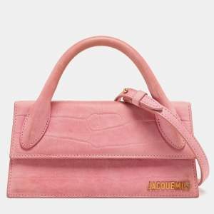 Jacquemus Light Pink Croc Embossed Nubuck Leather Long Le Chiquito Top Handle Bag