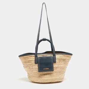 Jacquemus Blue/Natural Raffia and Nubuck Leather Le Panier Soleil Basket Tote