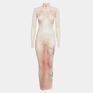 Pre Owned Jean Paul Gaultier Beige Printed Mesh Le Classique Long Dress XXS 