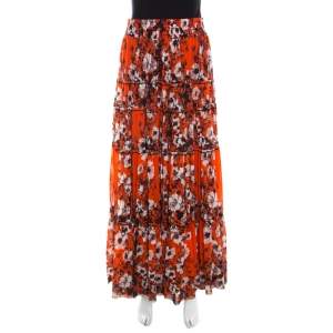 Jean Paul Gaultier Soleil Orange Floral Print Mesh Tiered Maxi Skirt M
