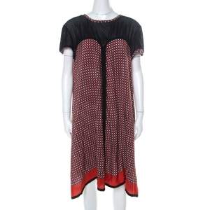 Jean Paul Gaultier Red and Black Geometric Printed Silk Perforated Knit Detail Dress L 