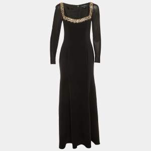 Pre Owned Jenny Packham Black Crepe Embellished Neck Gown S