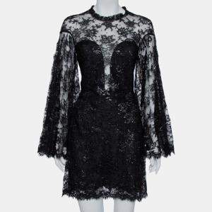 Jenny Packham Black Embellished Metallic Lace Bell Sleeve Detail Mini Dress M