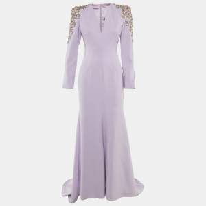 Pre Owned Jenny Packham Lavender Crepe Embellished Shoulder Gown S
