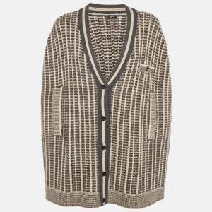 Pre Owned Jil Sander Navy Blue/ Beige Pattered Wool Button Front Cardigan L