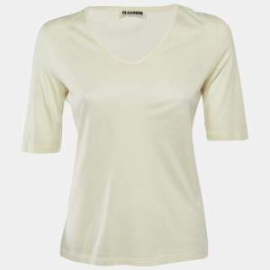 Pre Owned Jil Sander Cream Jersey V-Neck Top M